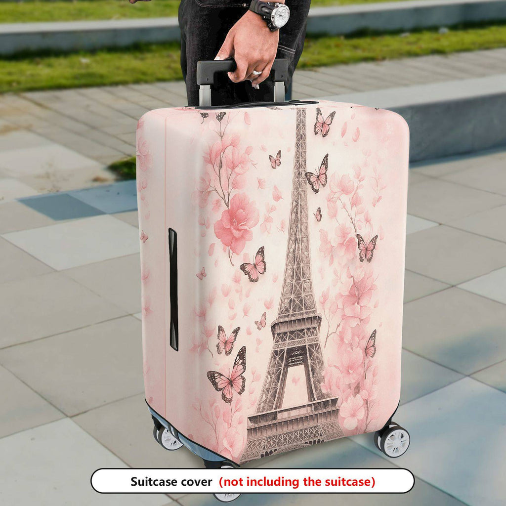 1-Piece Eiffel Tower Butterfly Flower Pink Romantic Paris  Suitcase Luggage Cover, Stretch Protective Sleeve