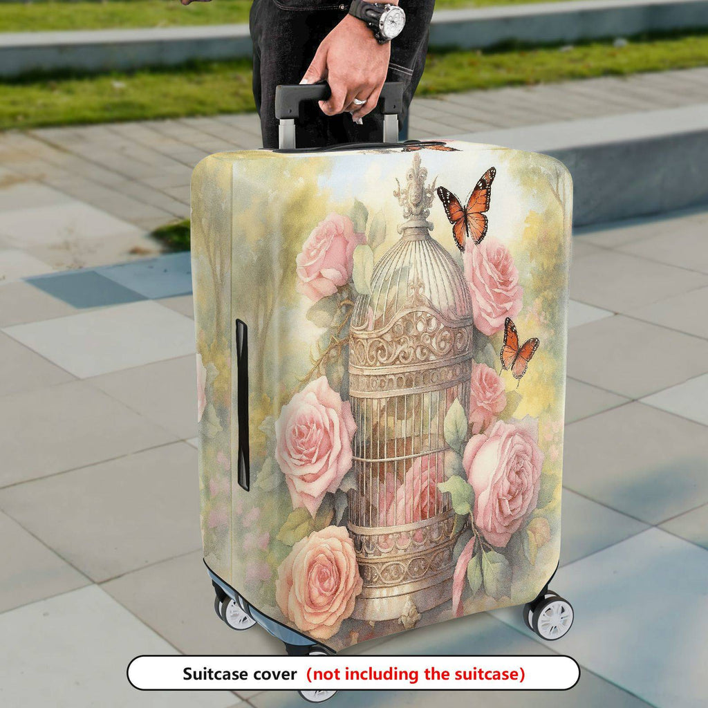 1-Piece Vintage Floral Butterfly Birdcage Nature Artistic  Suitcase Luggage Cover, Stretch Protective Sleeve