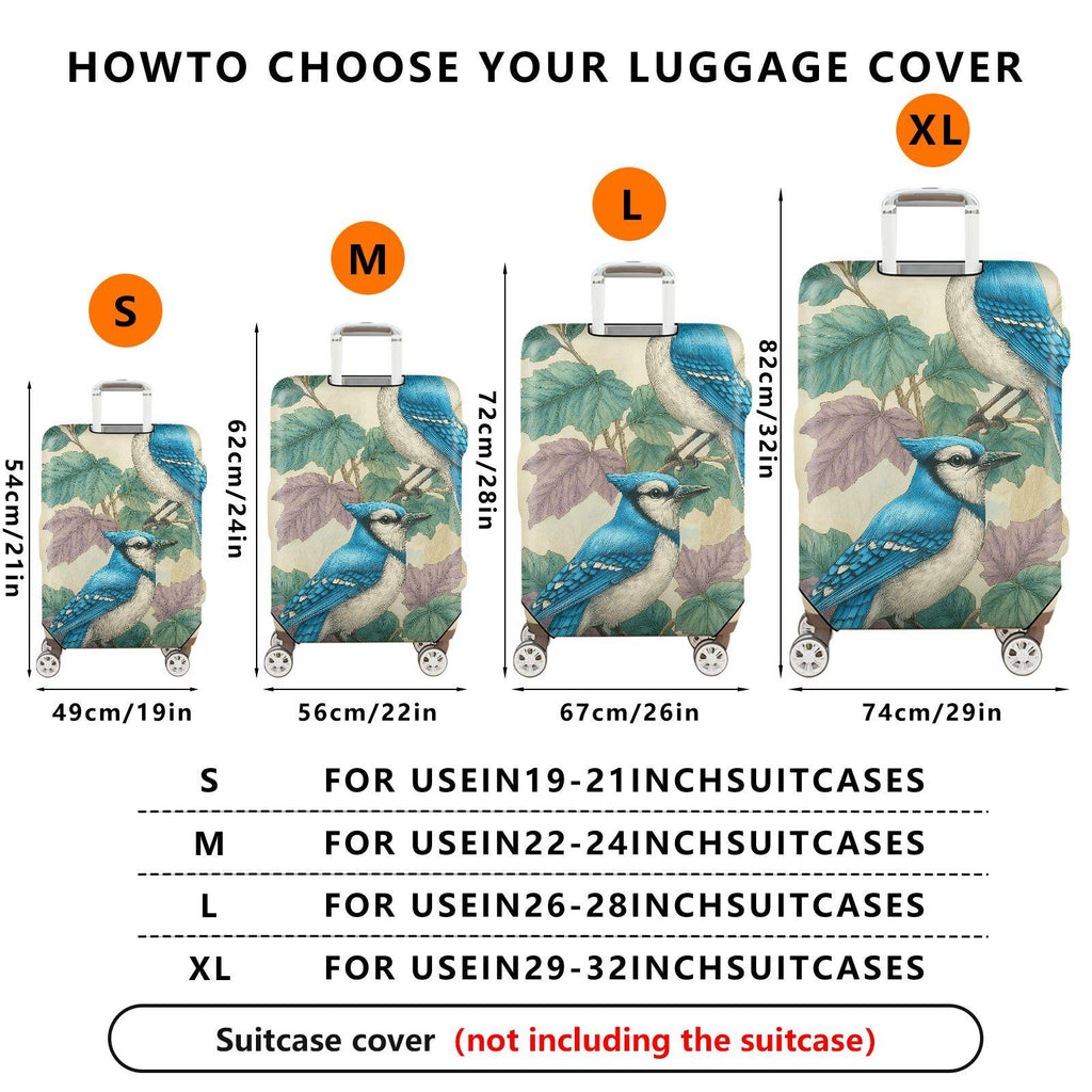 1-Piece Blue Bird Leaves Nature Vintage Art  Suitcase Luggage Cover, Stretch Protective Sleeve