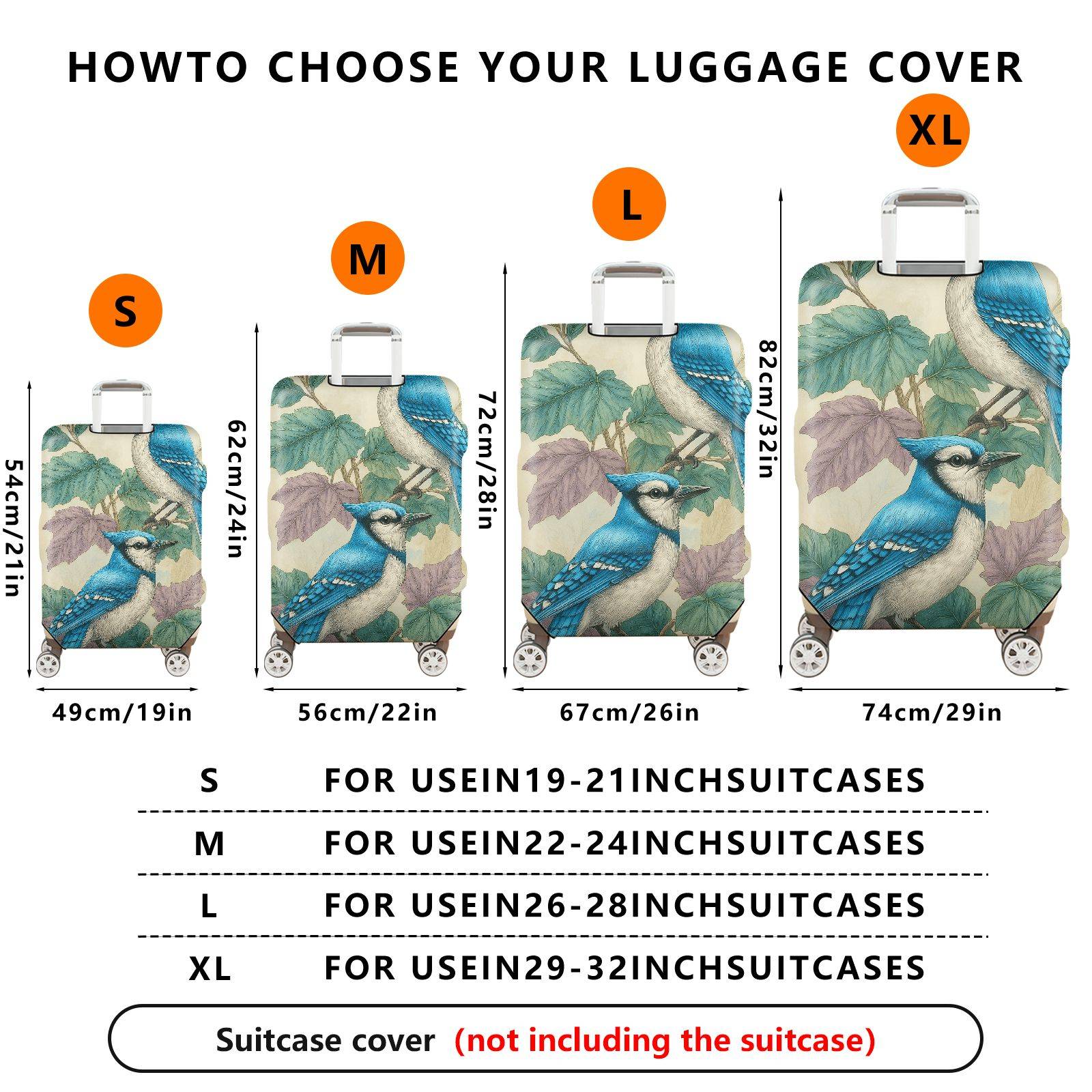 1-Piece Blue Bird Leaves Nature Vintage Art  Suitcase Luggage Cover, Stretch Protective Sleeve
