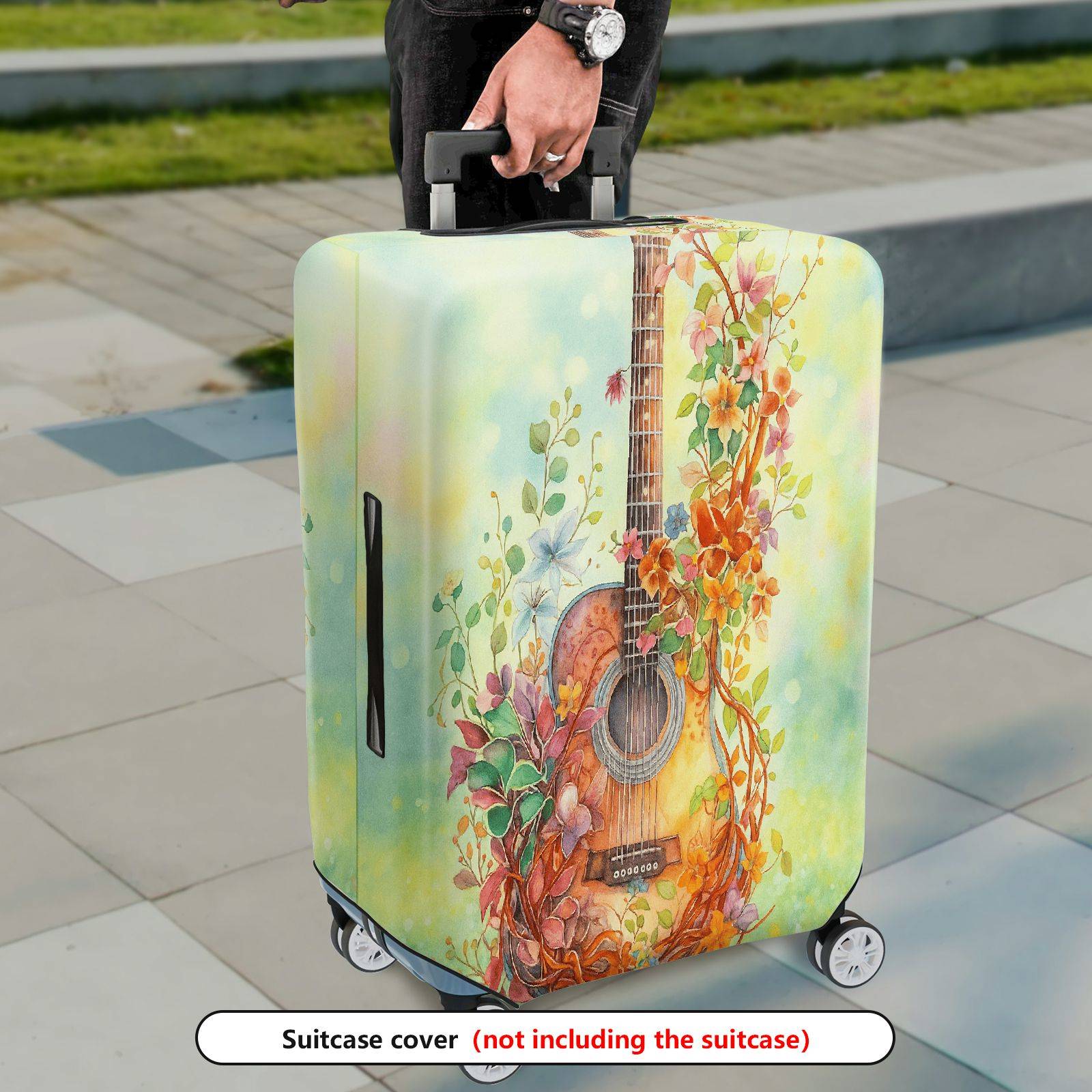 1-Piece Vintage Guitar Floral Artistic Nature Colorful  Suitcase Luggage Cover, Stretch Protective Sleeve