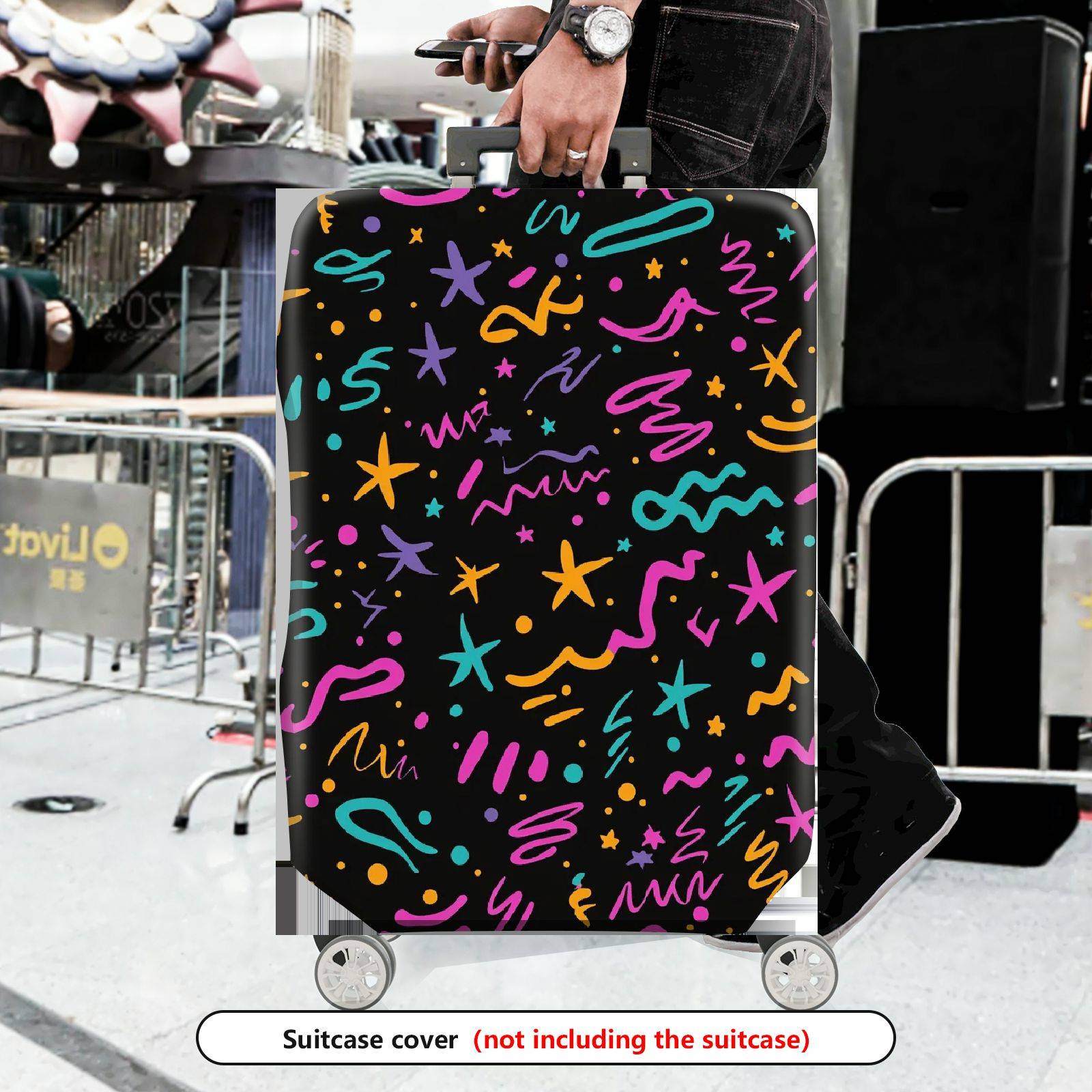 1-Piece Abstract Colorful Star Line Art Pattern Black  Suitcase Luggage Cover, Stretch Protective Sleeve