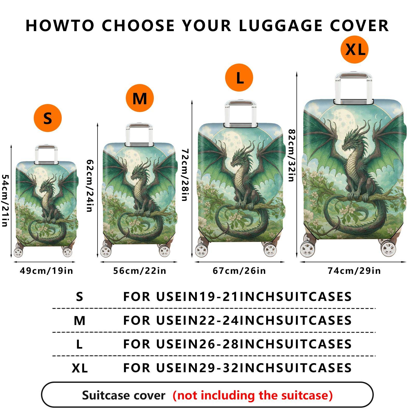 1-Piece Dragon Moon Fantasy Art Green Nature Travel  Suitcase Luggage Cover, Stretch Protective Sleeve