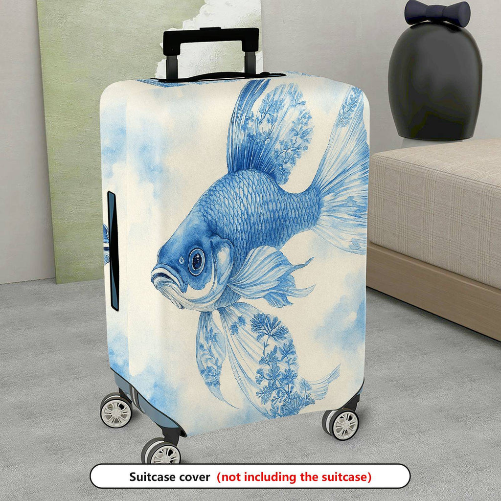 1-Piece Artistic Blue Fish Floral Nature Elegant  Suitcase Luggage Cover, Stretch Protective Sleeve