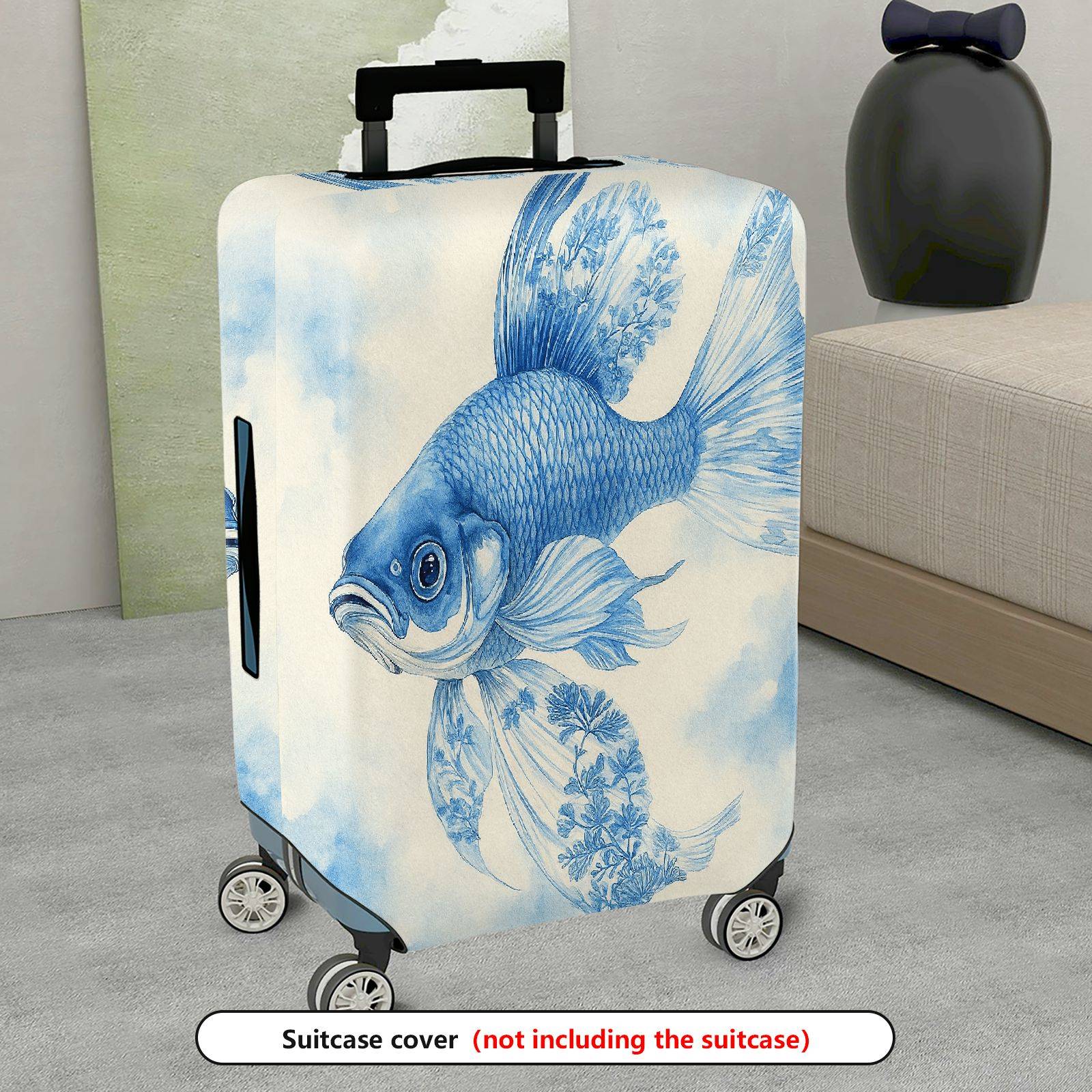 1-Piece Artistic Blue Fish Floral Nature Elegant  Suitcase Luggage Cover, Stretch Protective Sleeve
