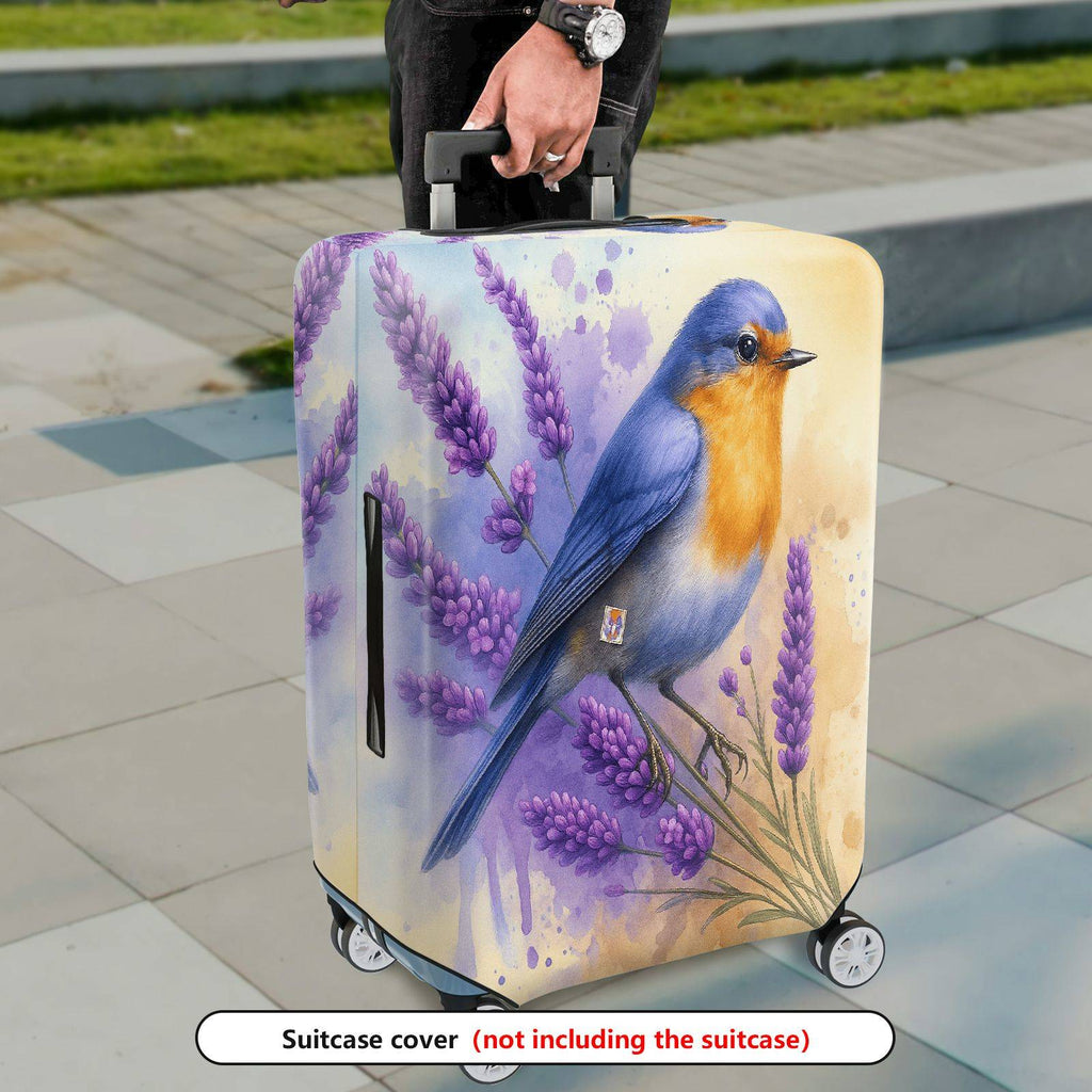 1-Piece Lavender Blue Bird Floral Watercolor Artistic  Suitcase Luggage Cover, Stretch Protective Sleeve