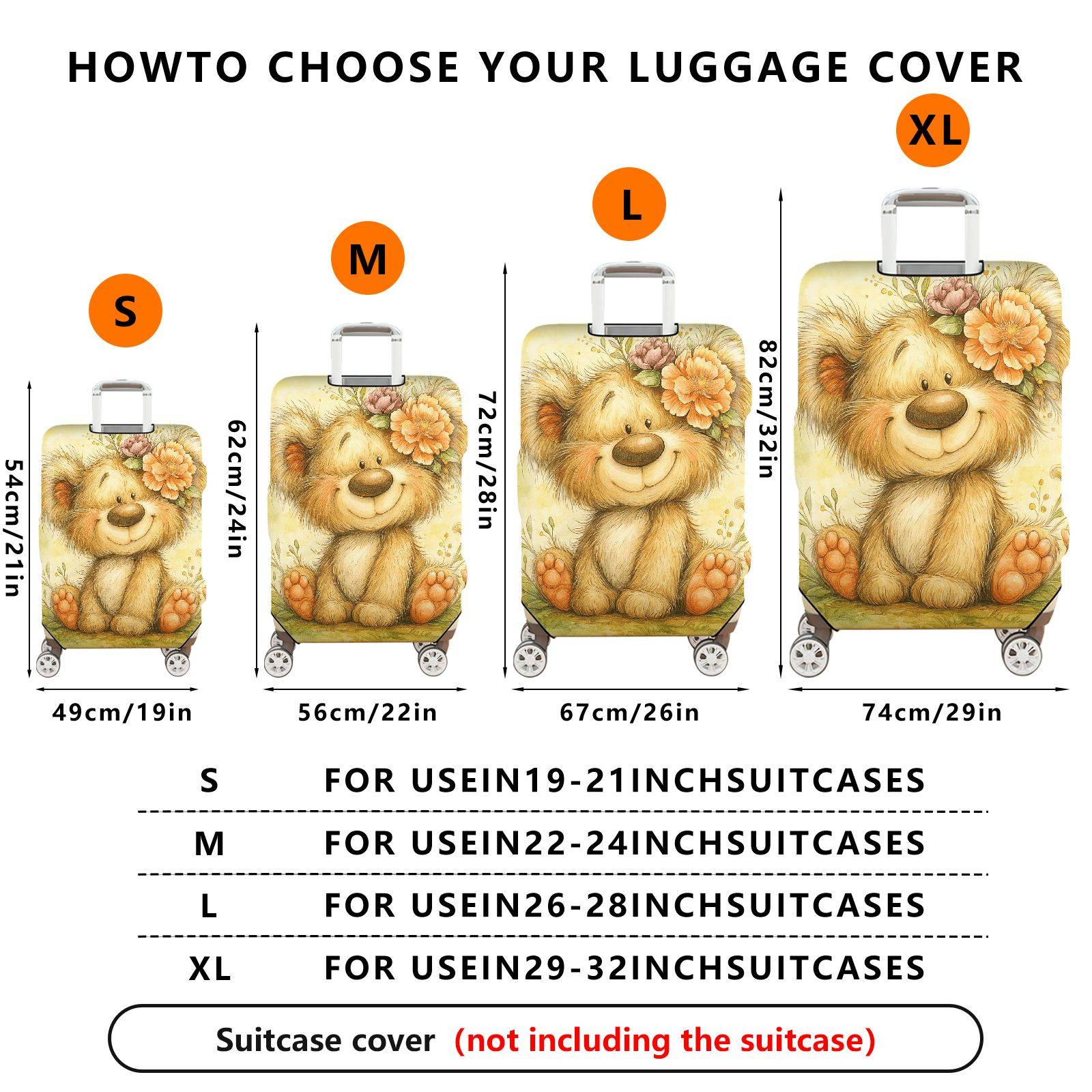 1-Piece Cute Bear Floral Animal Art Yellow Travel  Suitcase Luggage Cover, Stretch Protective Sleeve