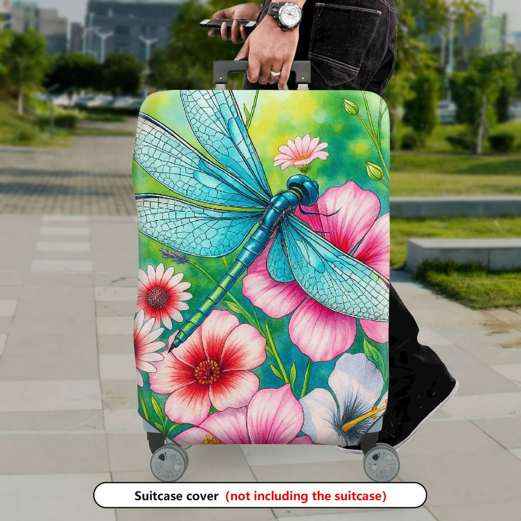1-Piece Dragonfly Floral Colorful Artistic Nature  Suitcase Luggage Cover, Stretch Protective Sleeve