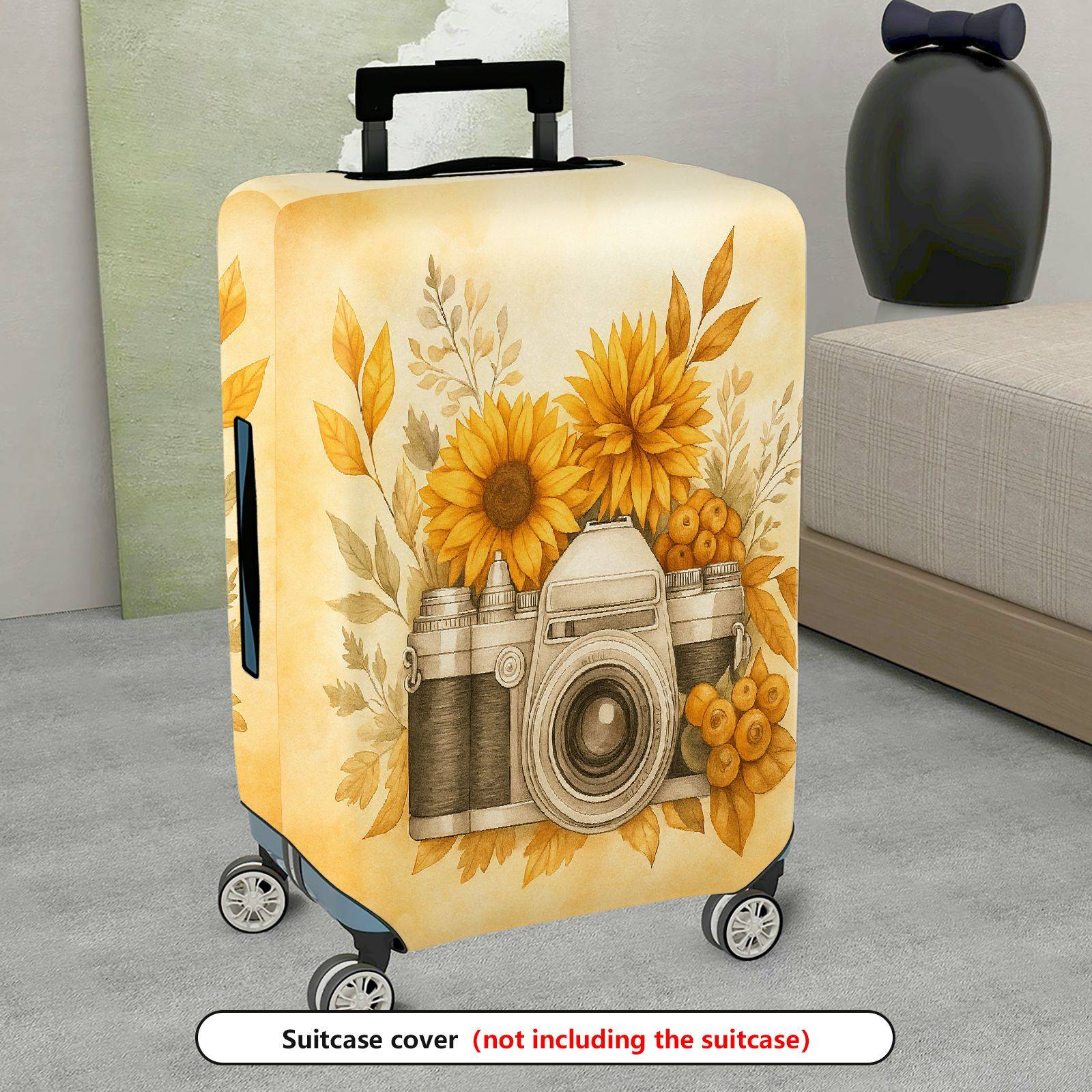 1-Piece Sunflower Camera Autumn Floral Vintage Yellow  Suitcase Luggage Cover, Stretch Protective Sleeve