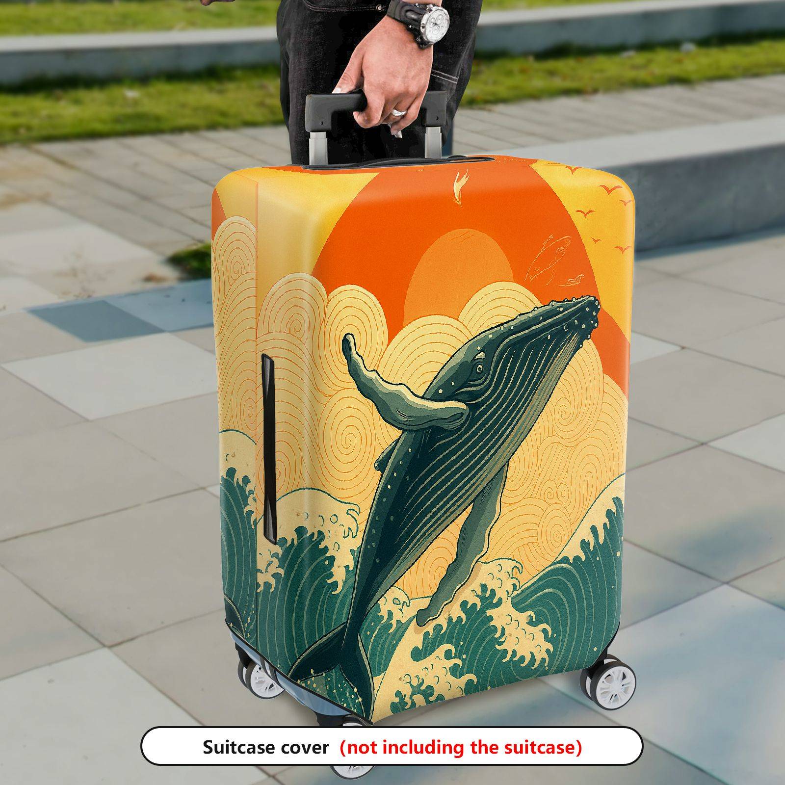 1-Piece Whale Sunset Ocean Wave Travel Art  Suitcase Luggage Cover, Stretch Protective Sleeve