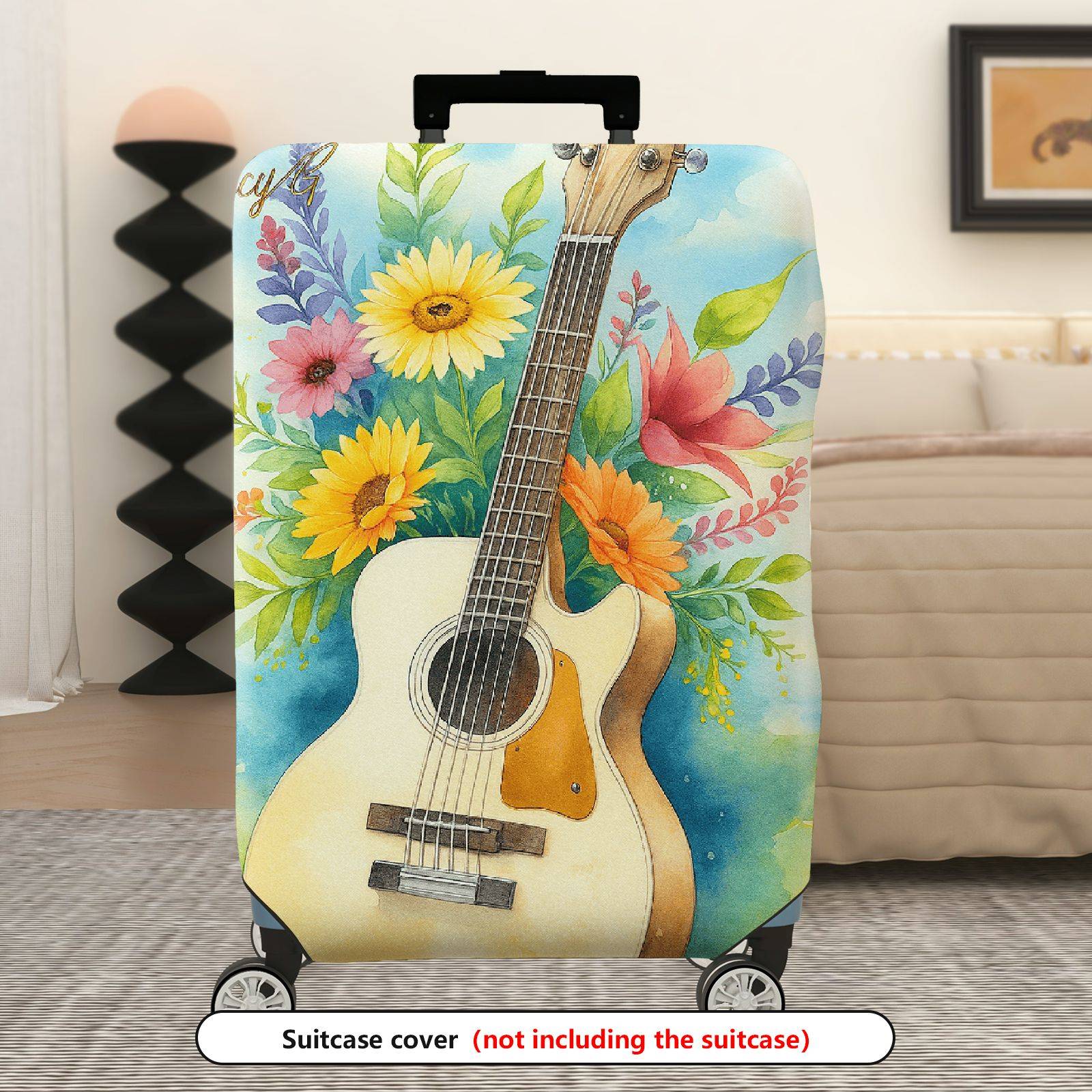 1-Piece Colorful Floral Guitar Artistic Musical Nature Travel  Suitcase Luggage Cover, Stretch Protective Sleeve