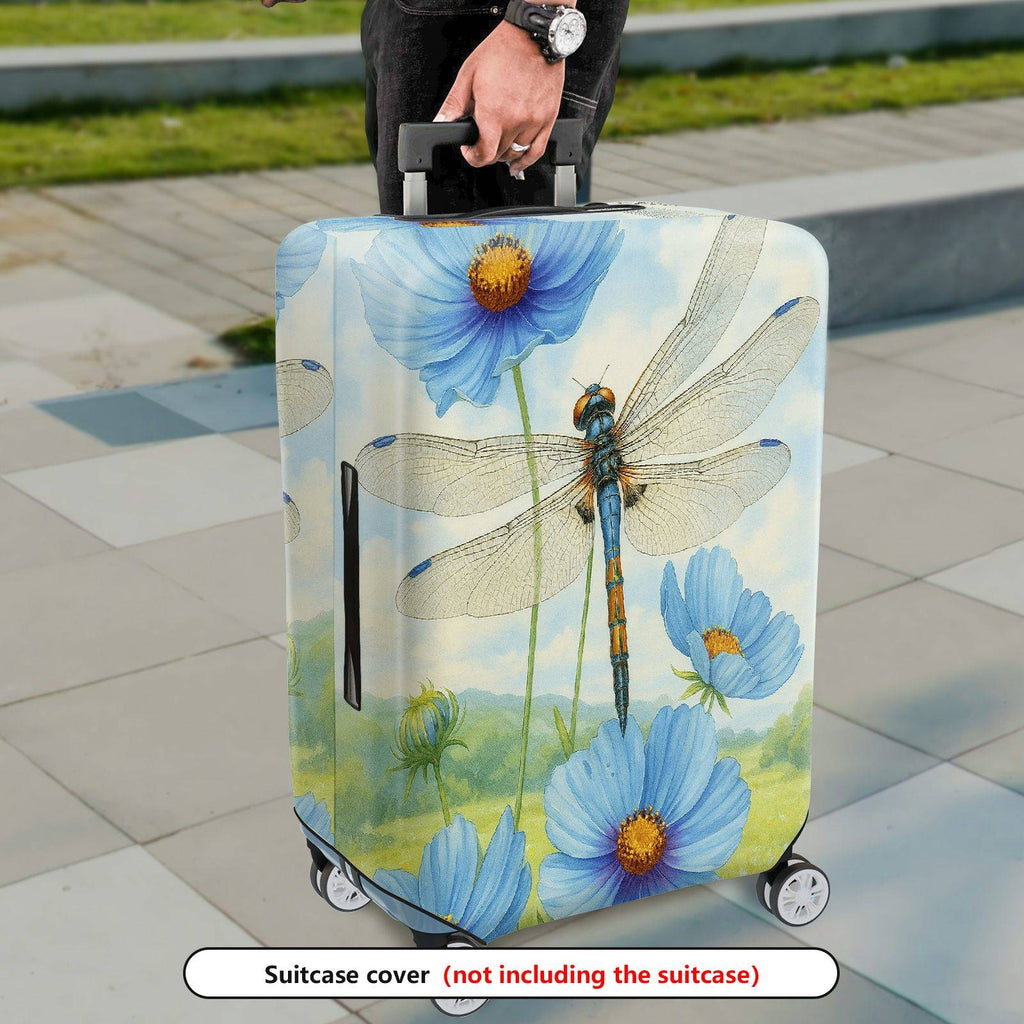 1-Piece Dragonfly Blue Flower Watercolor Nature Artistic  Suitcase Luggage Cover, Stretch Protective Sleeve