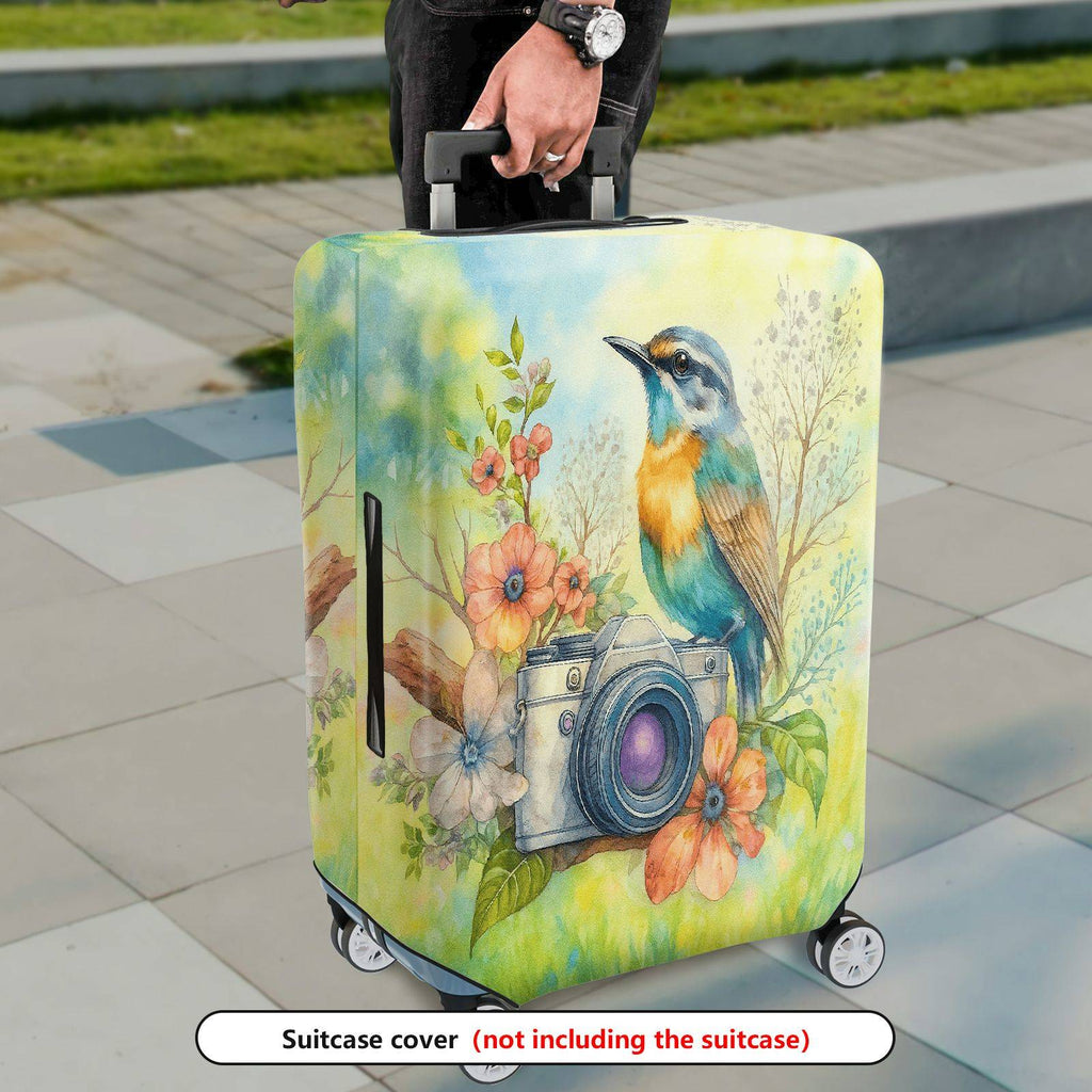 1-Piece Colorful Camera Flower Bird Nature Artistic  Suitcase Luggage Cover, Stretch Protective Sleeve