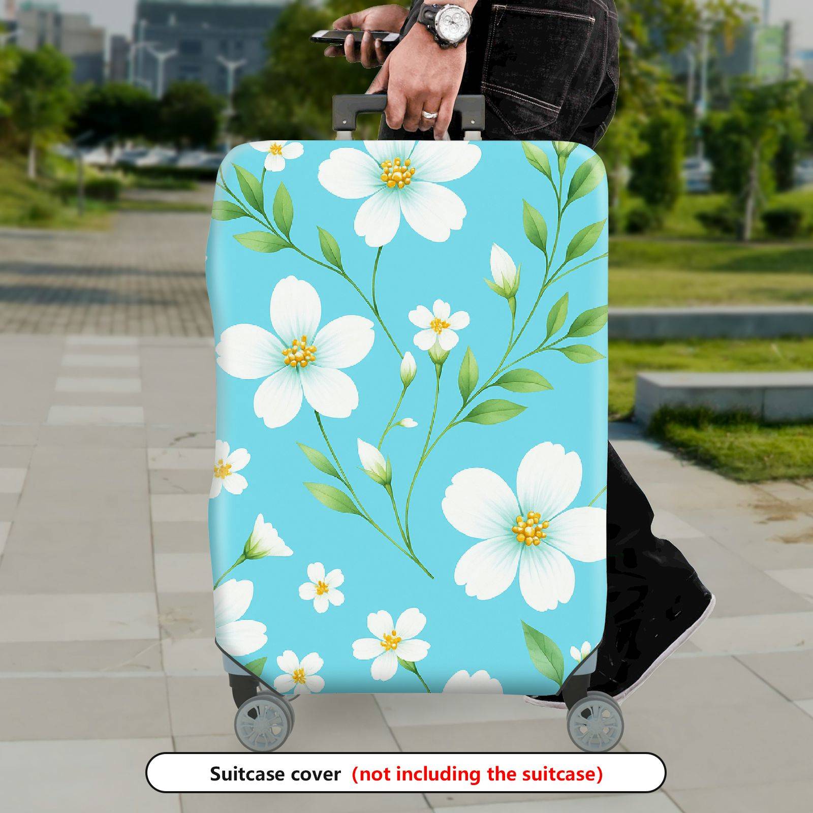 1-Piece Floral Leaf Blue White Travel  Suitcase Luggage Cover, Stretch Protective Sleeve