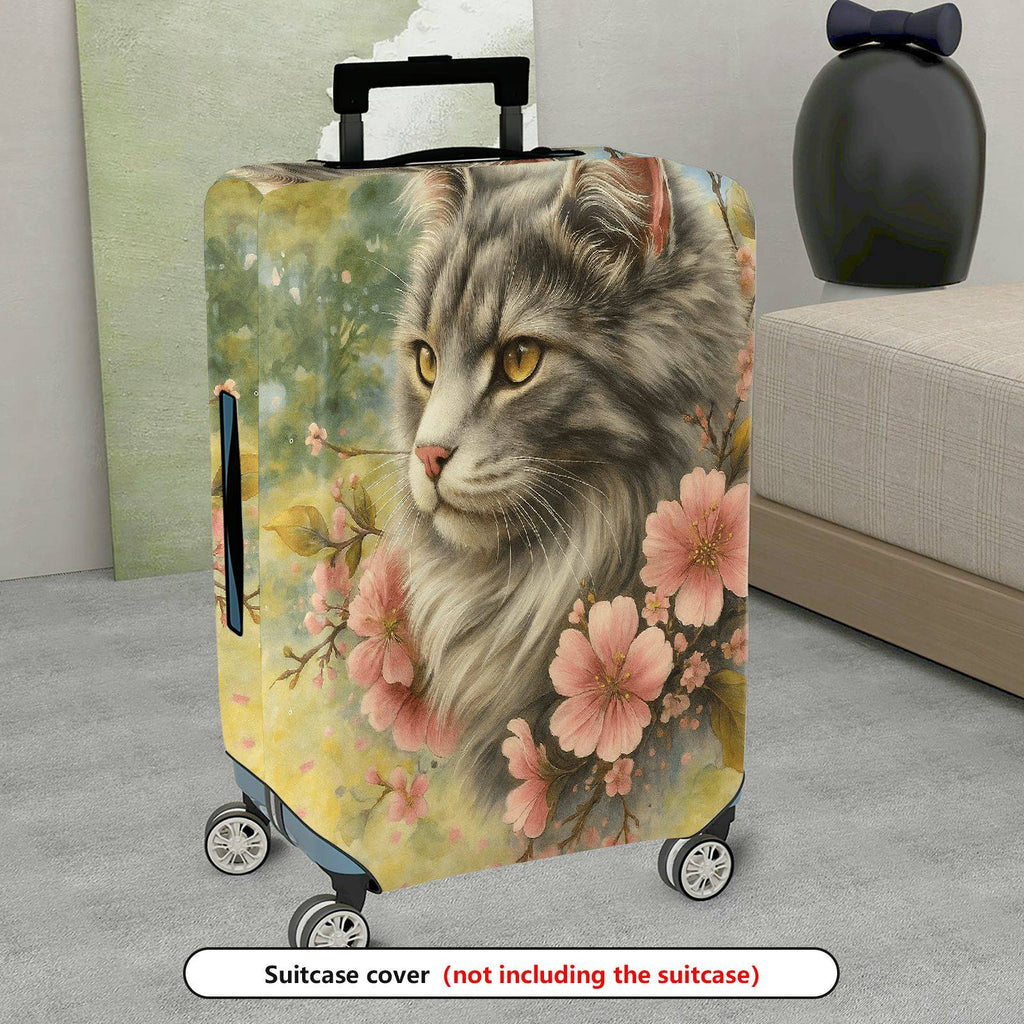 1-Piece Floral Cat Art Pastel Spring Nature  Suitcase Luggage Cover, Stretch Protective Sleeve