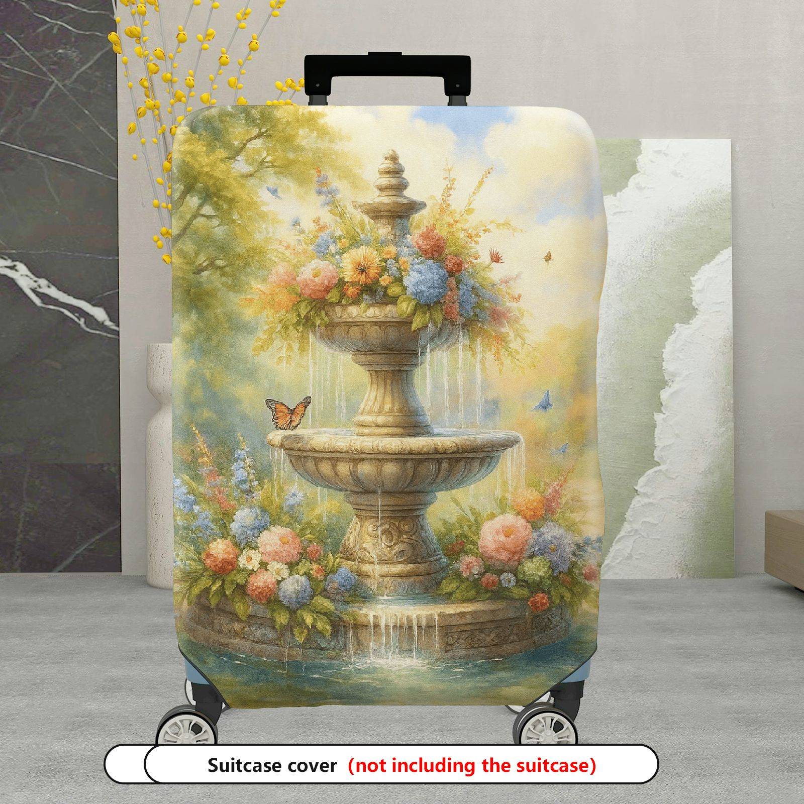 1-Piece Fountain Flower Butterfly Landscape Artistic  Suitcase Luggage Cover, Stretch Protective Sleeve