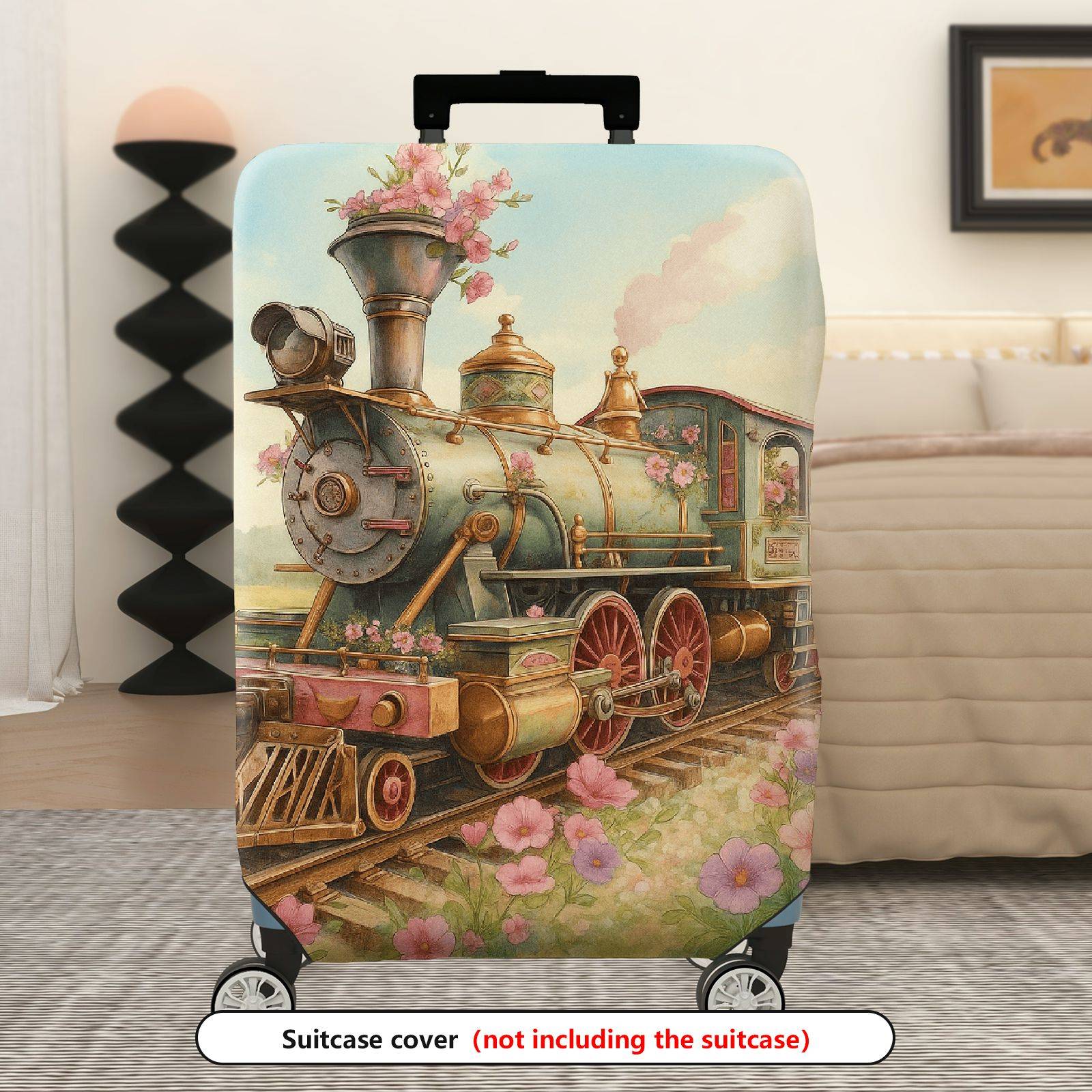 1-Piece Vintage Floral Steam Train Art Travel  Suitcase Luggage Cover, Stretch Protective Sleeve