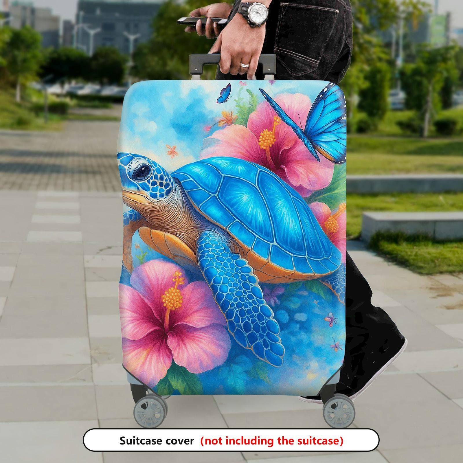 1-Piece Sea Turtle Hibiscus Flower Butterfly Ocean Blue  Suitcase Luggage Cover, Stretch Protective Sleeve