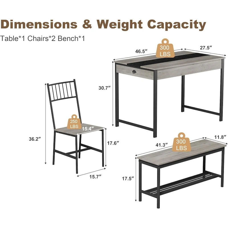Dining Table Set for 4, Wooden Kitchen Table with with 2 Chairs and a Long Bench