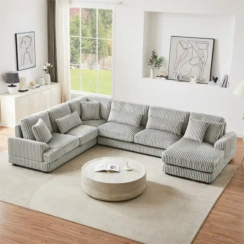 Oversized U-shaped Sectional Sofa with Chaise Lounge, 129 Modern Upholstered Sofa Couch, Corduroy Couch Set for Living Room-36