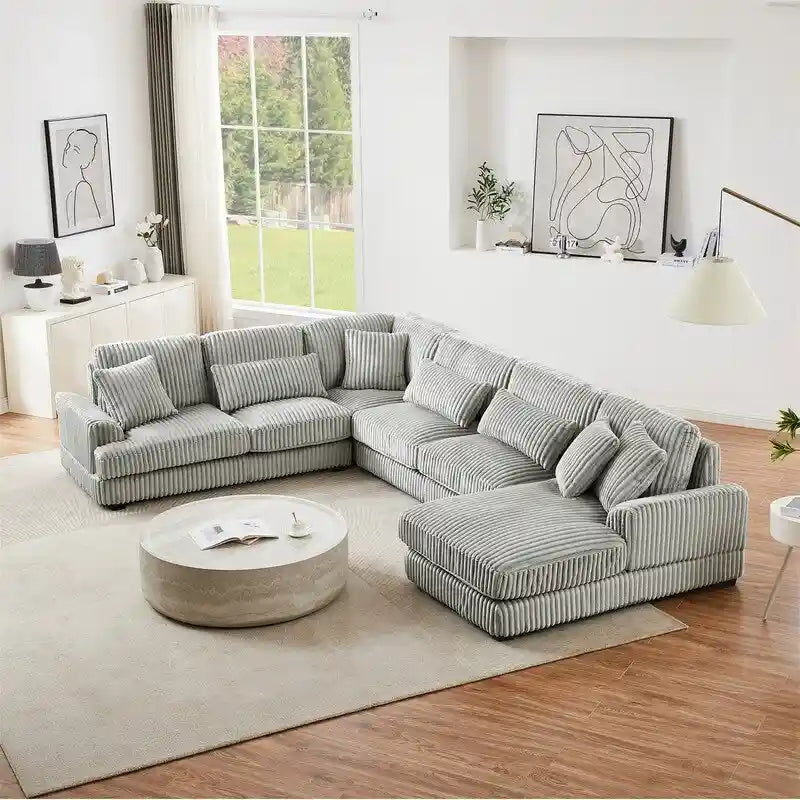 Oversized U-shaped Sectional Sofa with Chaise Lounge, 129 Modern Upholstered Sofa Couch, Corduroy Couch Set for Living Room-2