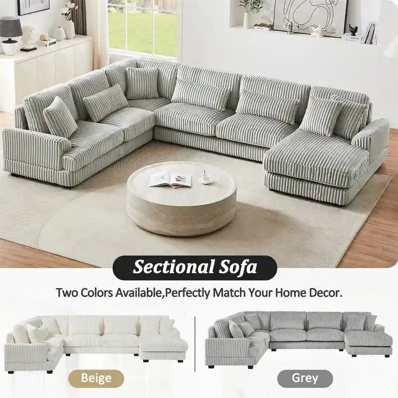 Oversized U-shaped Sectional Sofa with Chaise Lounge, 129 Modern Upholstered Sofa Couch, Corduroy Couch Set for Living Room-8