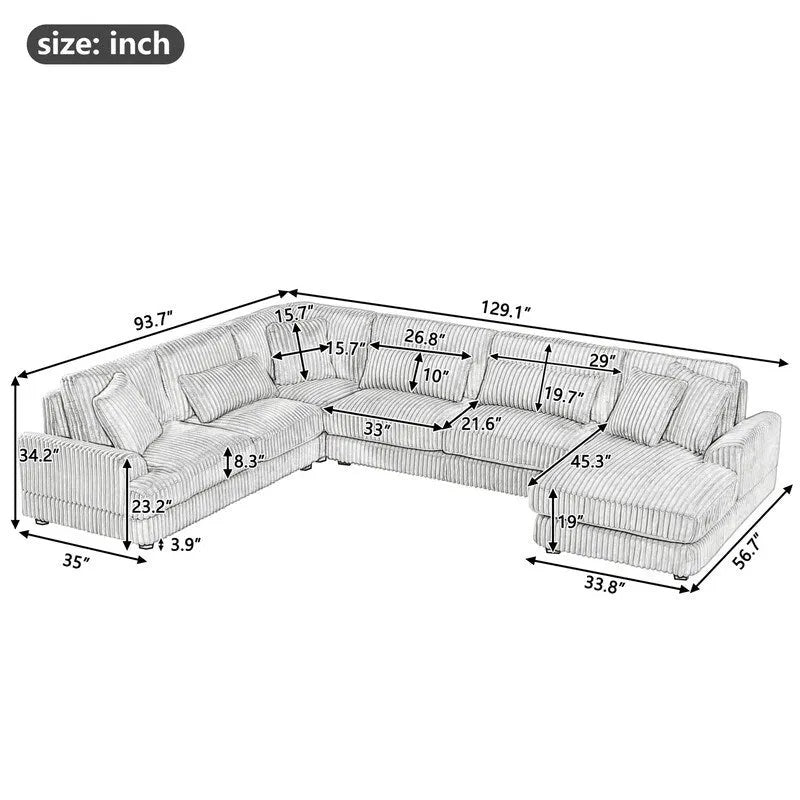 Oversized U-shaped Sectional Sofa with Chaise Lounge, 129 Modern Upholstered Sofa Couch, Corduroy Couch Set for Living Room-9