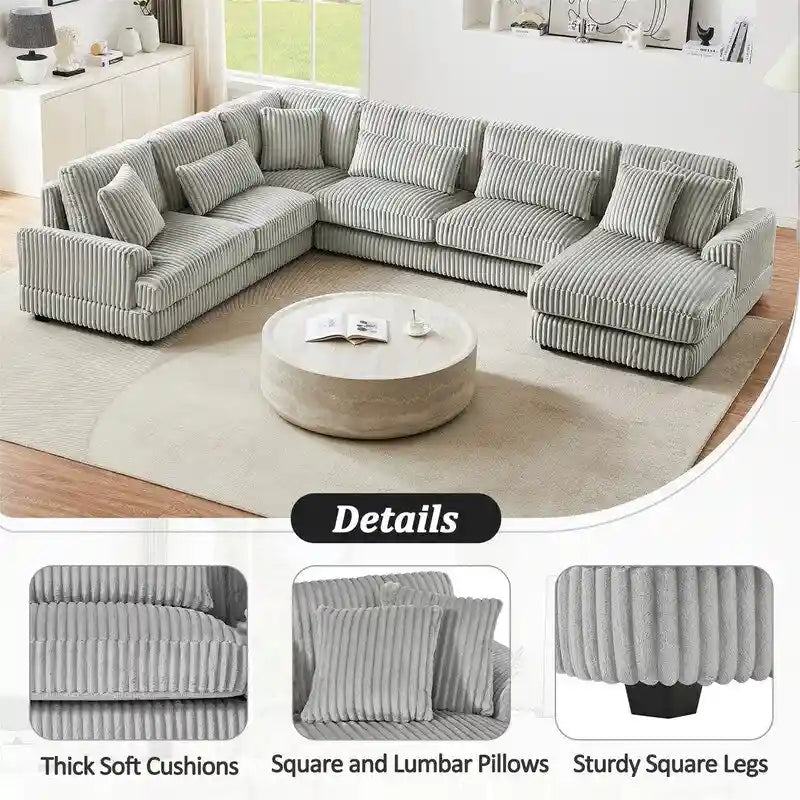 Oversized U-shaped Sectional Sofa with Chaise Lounge, 129 Modern Upholstered Sofa Couch, Corduroy Couch Set for Living Room-10