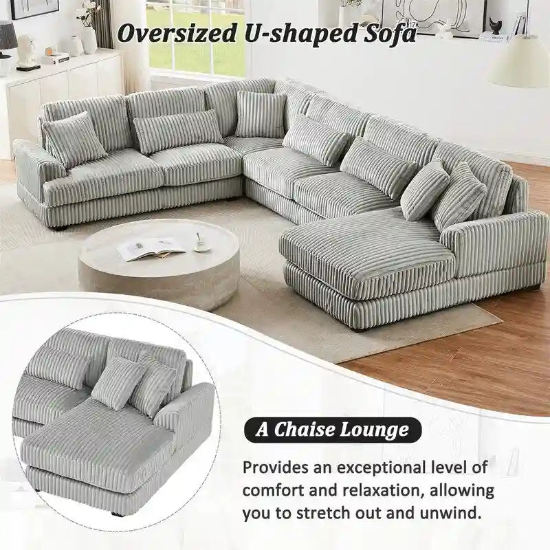 Oversized U-shaped Sectional Sofa with Chaise Lounge, 129 Modern Upholstered Sofa Couch, Corduroy Couch Set for Living Room-11