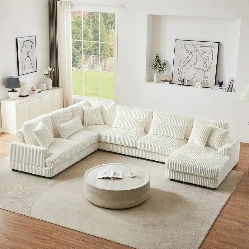 Oversized U-shaped Sectional Sofa with Chaise Lounge, 129 Modern Upholstered Sofa Couch, Corduroy Couch Set for Living Room-21