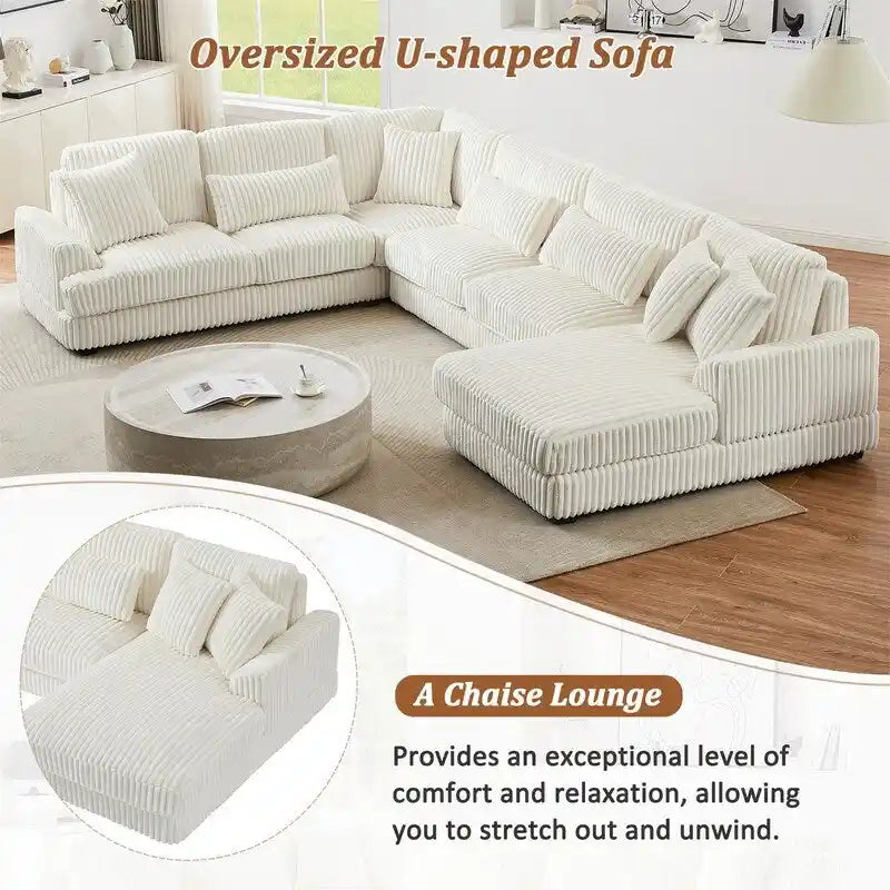 Oversized U-shaped Sectional Sofa with Chaise Lounge, 129 Modern Upholstered Sofa Couch, Corduroy Couch Set for Living Room-28