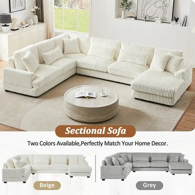 Oversized U-shaped Sectional Sofa with Chaise Lounge, 129 Modern Upholstered Sofa Couch, Corduroy Couch Set for Living Room-31