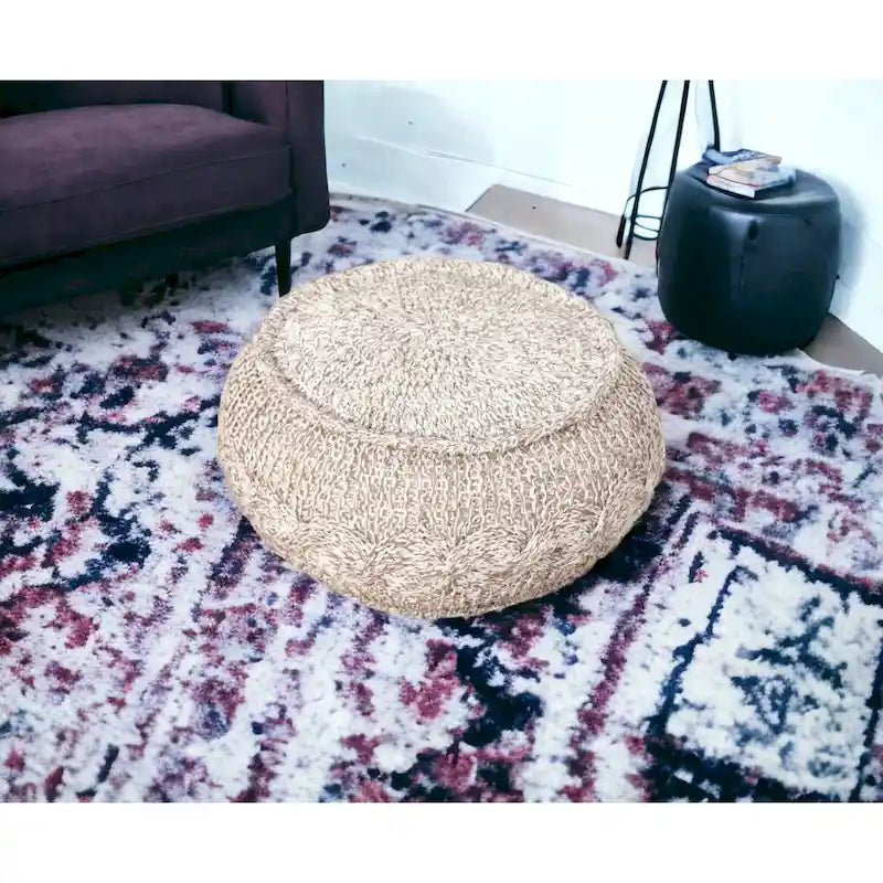 20 Inch Beige Cotton Pouf Ottoman with Geometric Design for Living Room