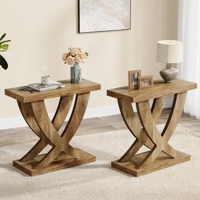 Farmhouse End Table, Narrow Side Table with Fishtail Support Design for Living Room, Study, Brown-8