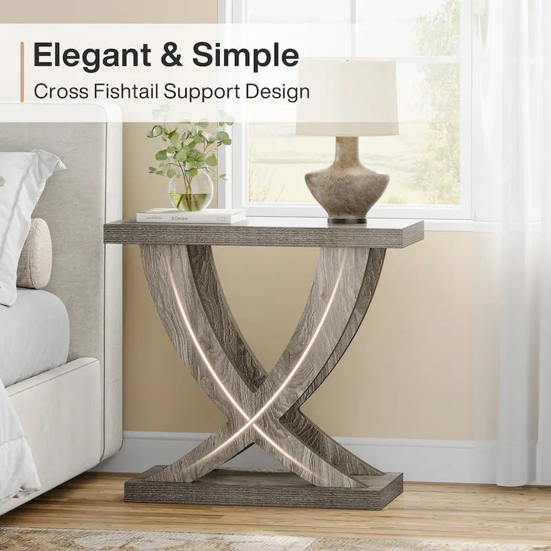 Farmhouse End Table, Narrow Side Table with Fishtail Support Design for Living Room, Study, Brown-12