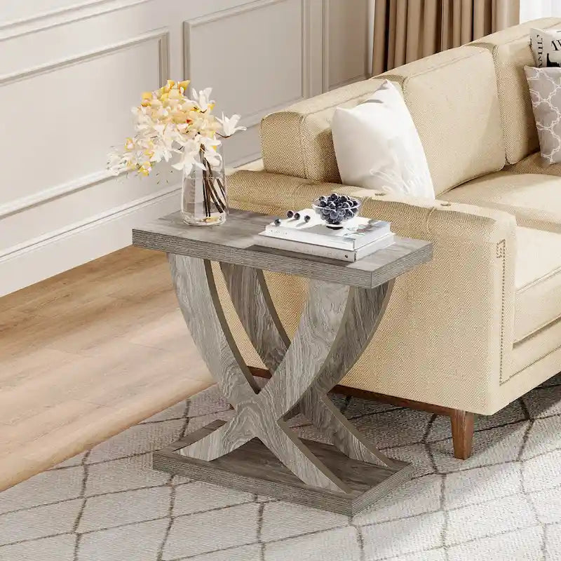 Farmhouse End Table, Narrow Side Table with Fishtail Support Design for Living Room, Study, Brown-15