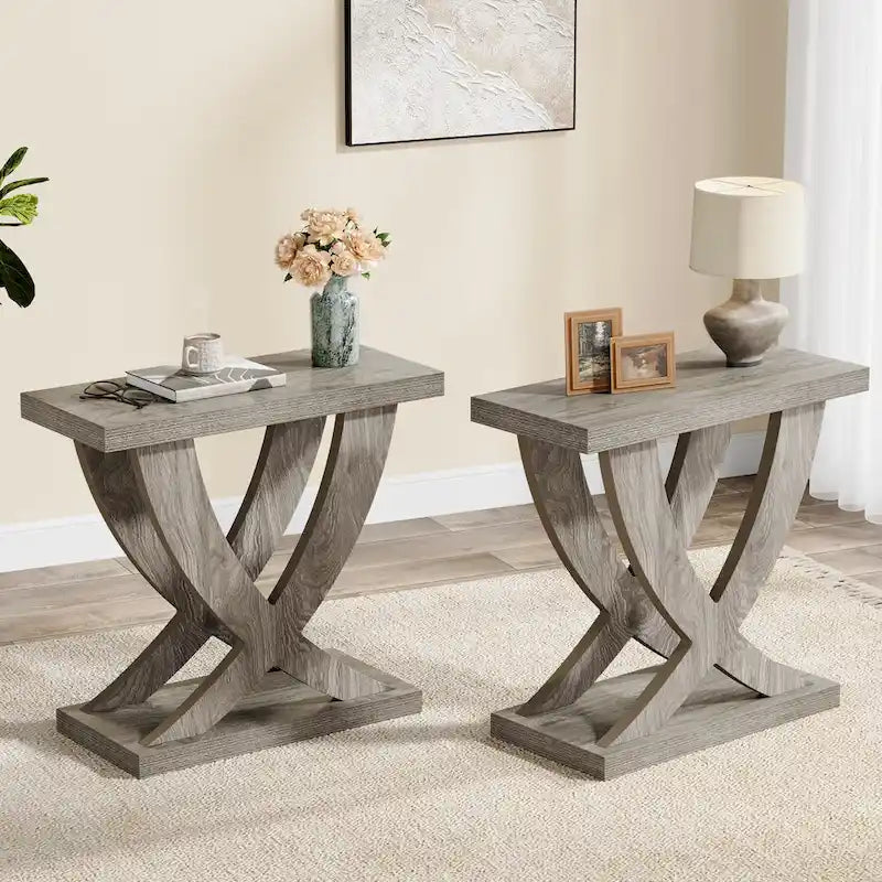 Farmhouse End Table, Narrow Side Table with Fishtail Support Design for Living Room, Study, Brown-16