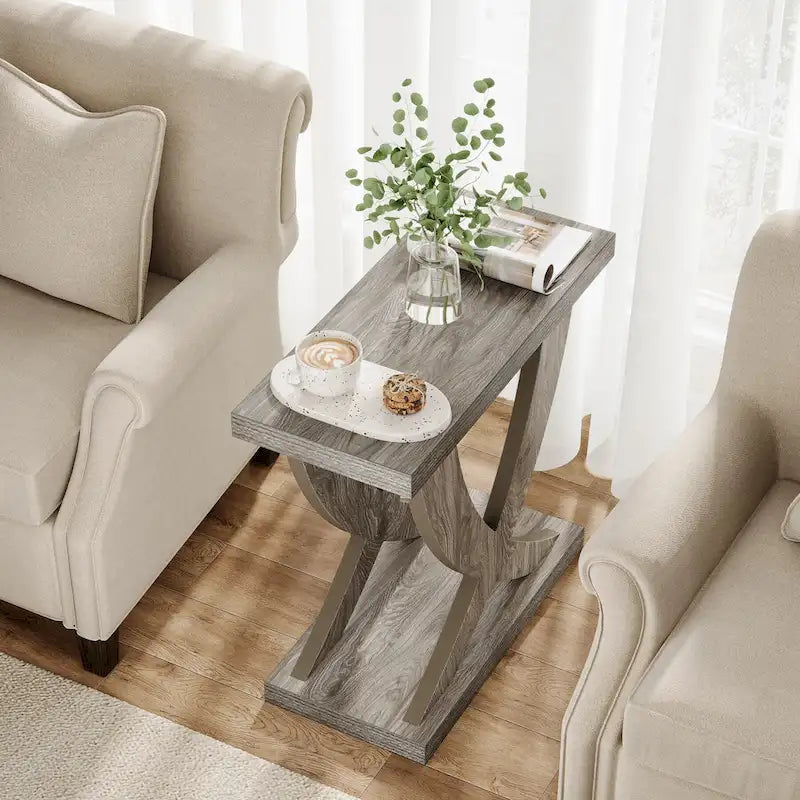 Farmhouse End Table, Narrow Side Table with Fishtail Support Design for Living Room, Study, Brown-17