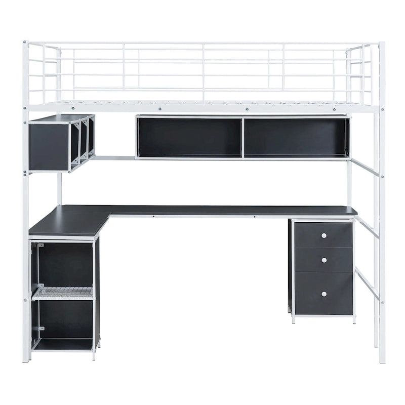 Full Size Loft Bed with Bookcase & Cabinet, Metal Loft Bed with L -shaped Built-in Desk, Metal Bed Frame for Kids, Teens, Adults