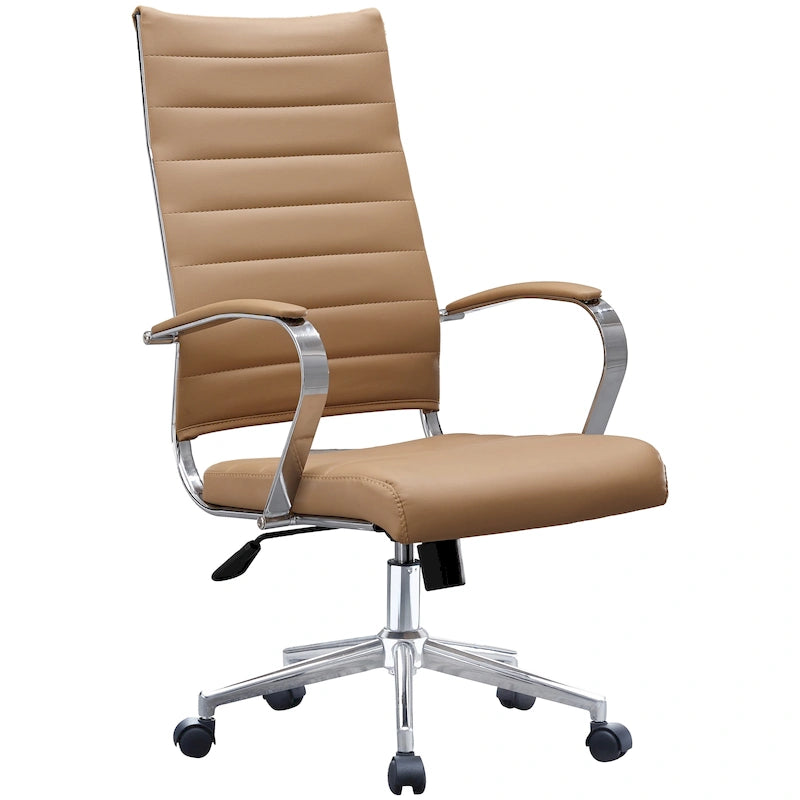 Modern Brown High Back Office Chair Ribbed PU Leather Swivel Conference Room Computer Desk Visitor Vintage Retro Boss-37