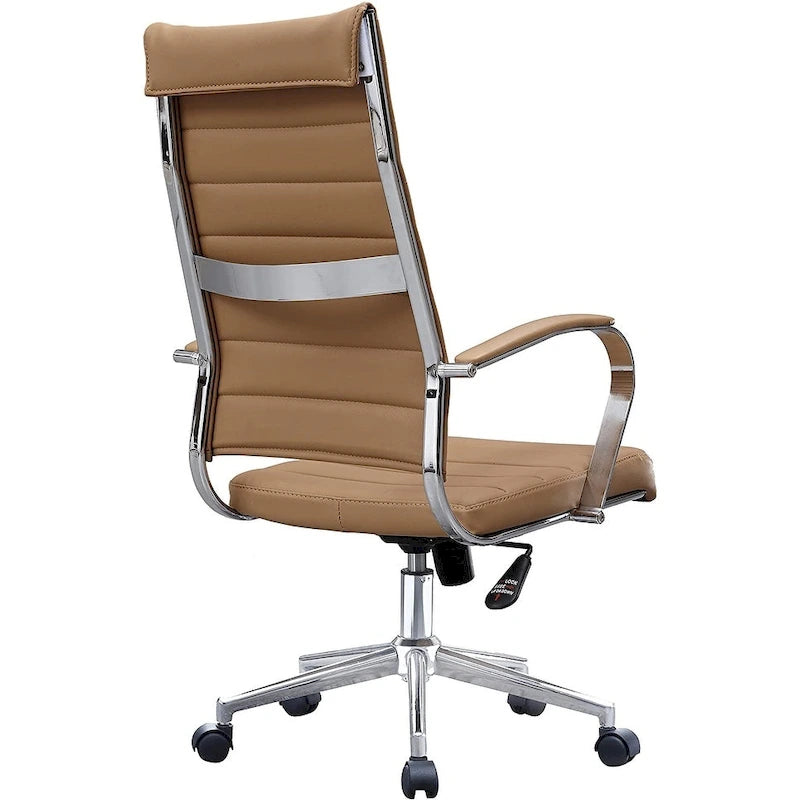 Modern Brown High Back Office Chair Ribbed PU Leather Swivel Conference Room Computer Desk Visitor Vintage Retro Boss-23