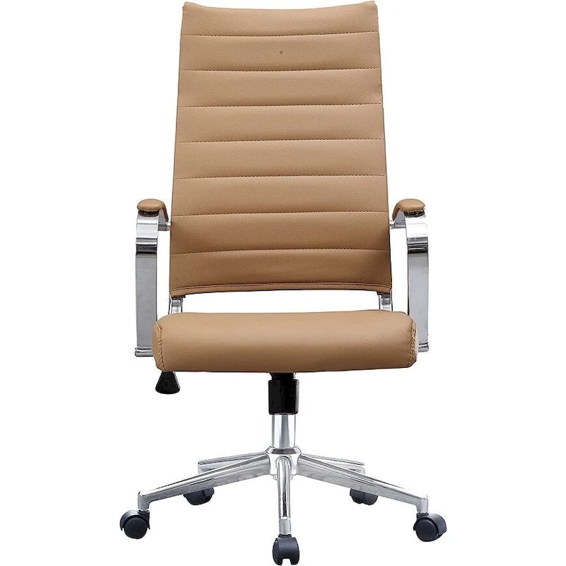 Modern Brown High Back Office Chair Ribbed PU Leather Swivel Conference Room Computer Desk Visitor Vintage Retro Boss-24