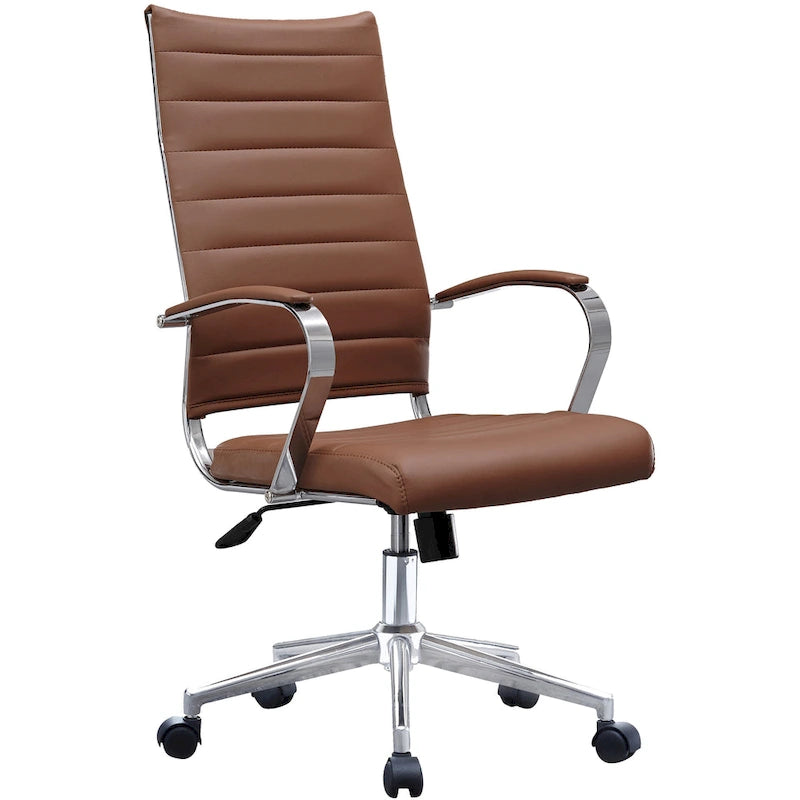 Modern Brown High Back Office Chair Ribbed PU Leather Swivel Conference Room Computer Desk Visitor Vintage Retro Boss-32