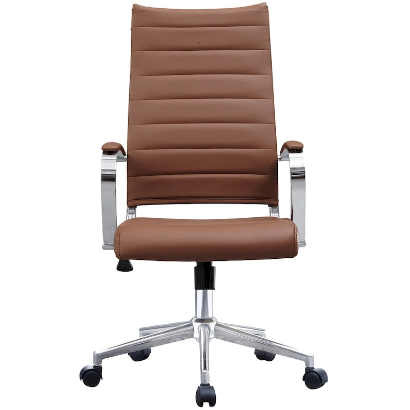 Modern Brown High Back Office Chair Ribbed PU Leather Swivel Conference Room Computer Desk Visitor Vintage Retro Boss-34