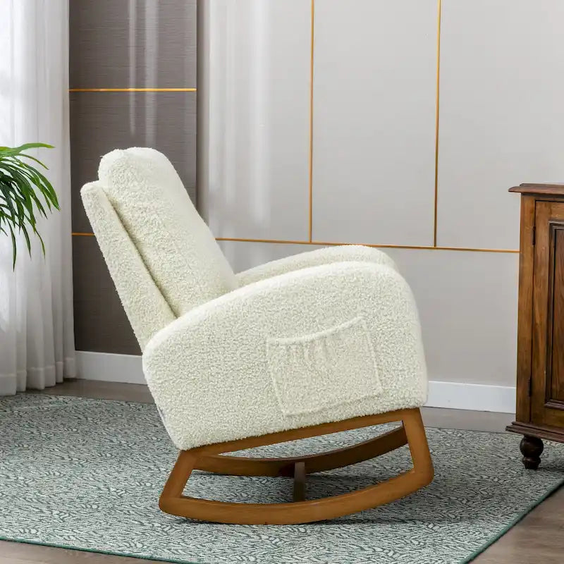 Teddy Fabric Upholstered High Back Mid-Century Modern Nursery Rocking Chair with Side Pocket-4