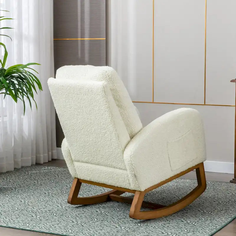 Teddy Fabric Upholstered High Back Mid-Century Modern Nursery Rocking Chair with Side Pocket-5