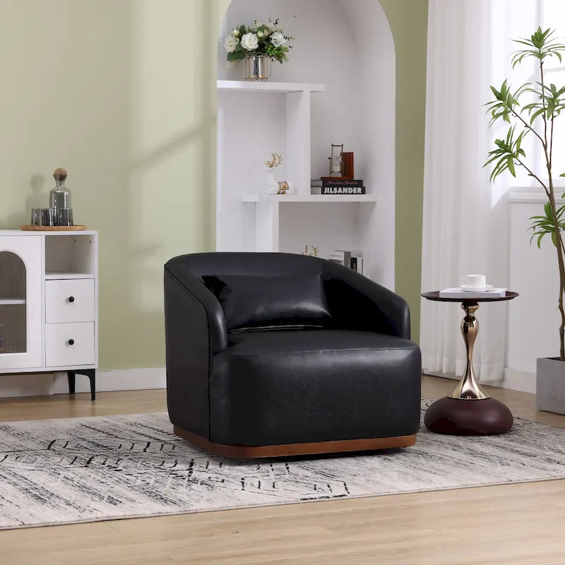 Black PU Modern 31.5 Upholstered 360 Swivel Barrel Chair with Metal Base for Living Room-21