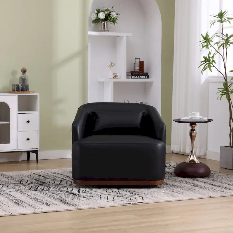 Black PU Modern 31.5 Upholstered 360 Swivel Barrel Chair with Metal Base for Living Room-2