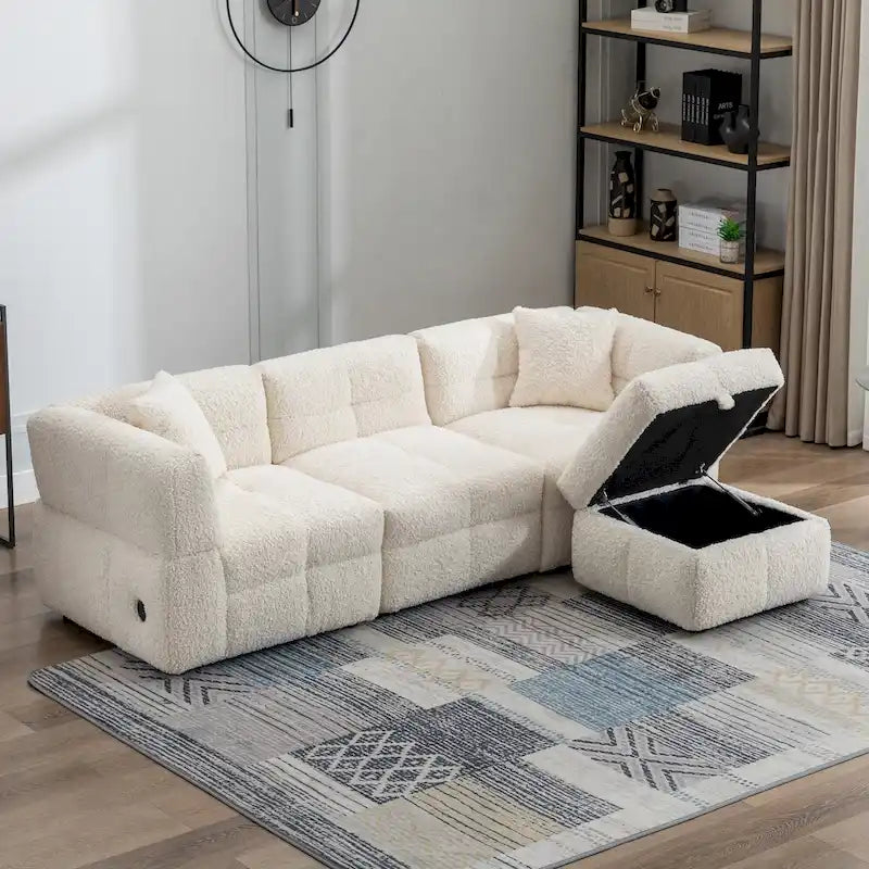 87.7 Fabric 4 Seater Sectional Sofa with Movable Ottoman, 2 USB Ports, and 2 Lumbar Pillows, Ideal for Living Room-36