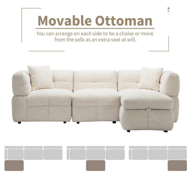 87.7 Fabric 4 Seater Sectional Sofa with Movable Ottoman, 2 USB Ports, and 2 Lumbar Pillows, Ideal for Living Room-2